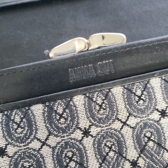 Anna Sui Wallet Clutch Gray Black Envelope Leather Canvas Boho Geometric Large - Picture 5 of 12